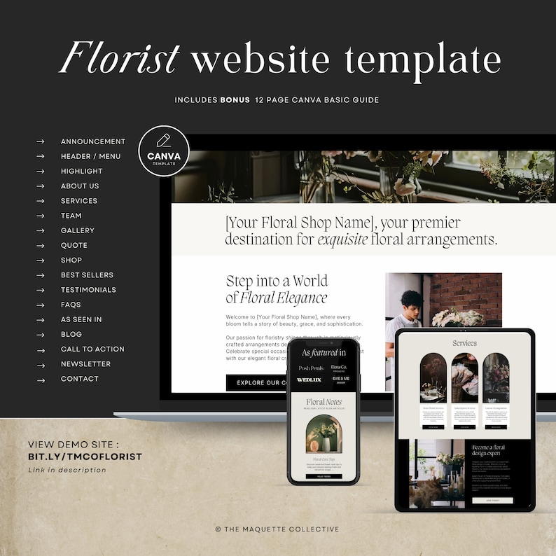 May include: A website template for a florist business. The template features a black background with white text and images of floral arrangements. The text includes the phrase "[Your Floral Shop Name], your premier destination for exquisite floral arrangements." and "Step into a World of Floral Elegance".