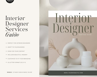 May include: A guide for interior designers with a beige background and a photo of three white ceramic vases. The text on the cover reads "Interior Designer Services Guide" and "www.yourwebsite.com".