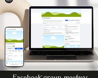 May include: Mockup of a Facebook group page on a laptop and smartphone. The page has a green and blue landscape background with clouds. The text "Group Page Name" is at the top of the page. The page also includes sections for "About", "Recent Posts", "Upcoming Events", and "Recent Media".