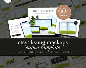 May include: A collection of 60+ Etsy listing mockups in Canva template format. The mockups feature various devices, including a desktop computer, laptop, tablet, and smartphone, showcasing a green landscape with clouds. The text "TITLE GOES HERE" and "YOUR PRODUCT" are displayed on the mockups.
