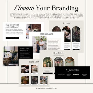 May include: A Canva template for floral businesses. The template features a light beige background with black text and images. The text includes "Elevate Your Branding", "Step into a World of Floral Elegance", "Become a floral design expert", "Floral Shop", "Meet our team", "Services", "Floral Notes", "As featured in", "Posh Petals", "Flora Co. Magazine", "WEDLUX", "EVIE & ME", and "THE MAQUETTE COLLECTIVE".