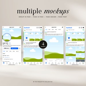 May include: Four different mockups of Facebook page layouts with a green and blue landscape design. The text "4 Layouts" is in a circle in the centre of the image.