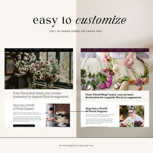 May include: A website mockup for a floral shop with the text "[Your Floral Shop Name], your premier destination for exquisite floral arrangements." and "Step into a World of Floral Elegance". The website features images of floral arrangements and a florist working with flowers.