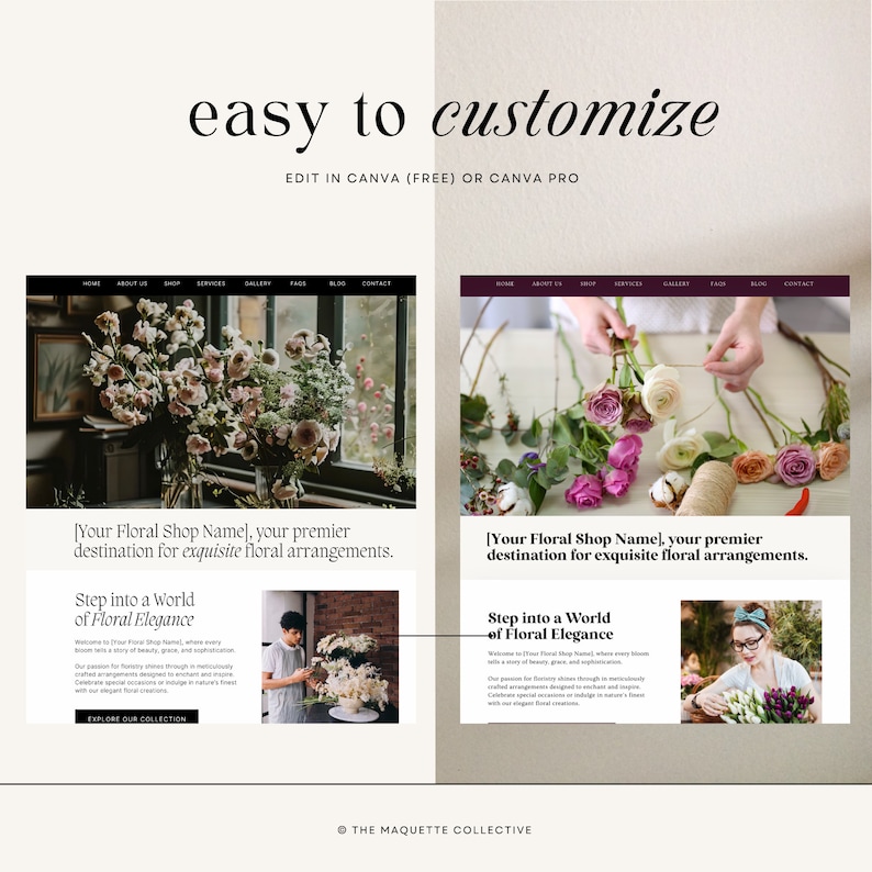 May include: A website mockup for a floral shop with the text "[Your Floral Shop Name], your premier destination for exquisite floral arrangements." and "Step into a World of Floral Elegance". The website features images of floral arrangements and a florist working with flowers.
