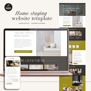 Pode incluir: Um modelo de site para empresas de home staging. O modelo apresenta um design moderno com fundo escuro e detalhes dourados. O texto do site inclui a frase "Crafting Spaces with Purpose".