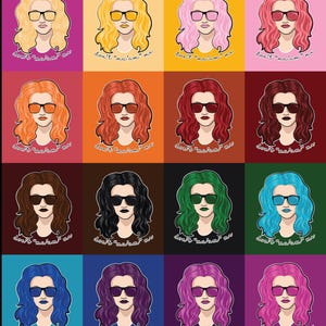 Puede incluir: Una cuadrícula de dieciséis retratos de mujeres con diferentes colores de cabello, cada una con gafas de sol. Los fondos son de varios colores sólidos. Cada retrato tiene el texto "don't 'ma'am' me" debajo.