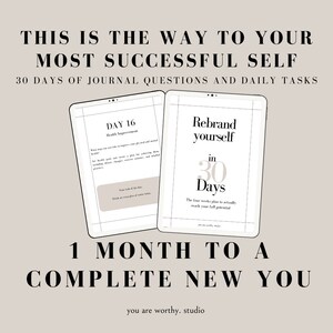 Op de afbeelding: Een digitale planner met de tekst "Rebrand yourself in 30 Days" en "The 30-day works plan to actually reach your full potential". De planner is open op een pagina met de titel "Day 16: Health Improvement". De tekst "1 MONTH TO A COMPLETE NEW YOU" staat onder de planner.