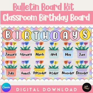 DIGITAL DOWNLOAD Student Birthday Bulletin Board Display, Class birthday display, Tulip flower plant theme classroom decor, Editable