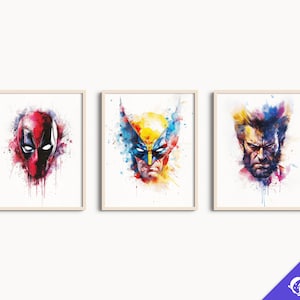 Può includere: Tre dipinti ad acquerello incorniciati di personaggi di supereroi. I dipinti sono su uno sfondo bianco con schizzi di acquerello colorati. I personaggi sono Deadpool, Wolverine e Wolverine.