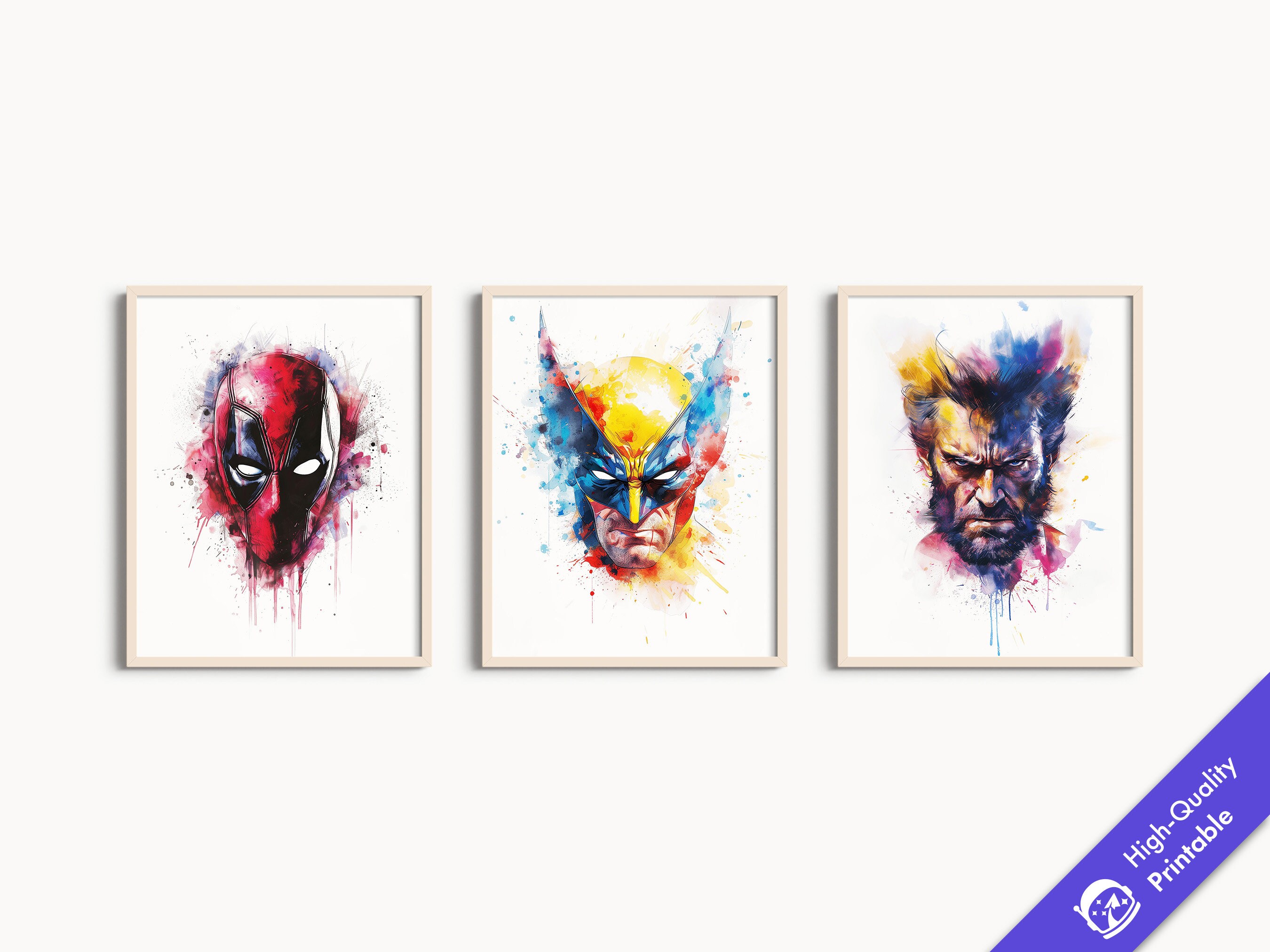 Set of 3 Superheroes Watercolor Fanart Prints | Bedroom Decor, Deadpool and Wolverine Bundle