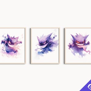 3er Set Pokemon Aquarell Fanart Drucke | Schlafzimmer Dekor, Gengar Bundle