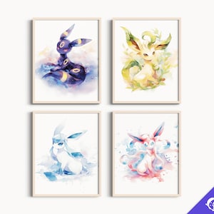 Set of 4 Pokemon Watercolor Fanart Prints | Bedroom Decor, Eevee Evolutions, Umbreon, Leafeon, Glaceon, Sylveon