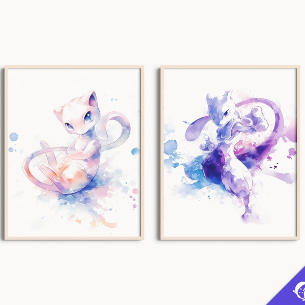 Set of 2 Pokemon Watercolor Fanart Prints | Bedroom Decor, Mew and Mewtwo Duo