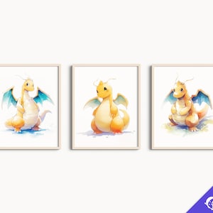 3er Set Pokemon Aquarell Fanart Drucke | Schlafzimmer Dekor, Dragonite Bundle