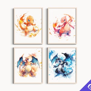 Pokemon Aquarell Fanart Drucke | Schlafzimmer Deko, Glumanda, Charmeleon, Glurak, Mega Glurak X