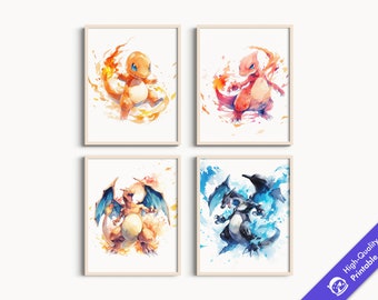 Set of 4 Pokemon Watercolor Fanart Prints | Bedroom Decor, Charmander, Charmeleon, Charizard, Mega Charizard X