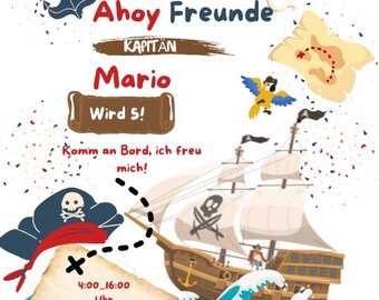 Piraten Geburtstag Einladung – Kindergeburtstag – Editierbar in Canva – Schatzsuche Motto