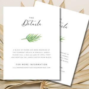 Plantilla de tarjeta de dirección de boda de Hawái, tarjetas de detalles de descarga instantánea de boda tropical imprimibles, boda de destino de playa editable DIY