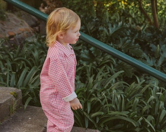 Handmade unisex kids boilersuit / utility jumpsuit / coveralls made from deadstock gingham print cotton twill fabric