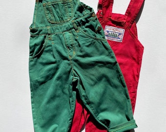 Vintage kids overalls in green cotton twill with cute patch detail at the back