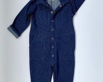 Handmade unisex kids boilersuit / utility jumpsuit / coveralls made from deadstock denim fabric, hickory striped denim