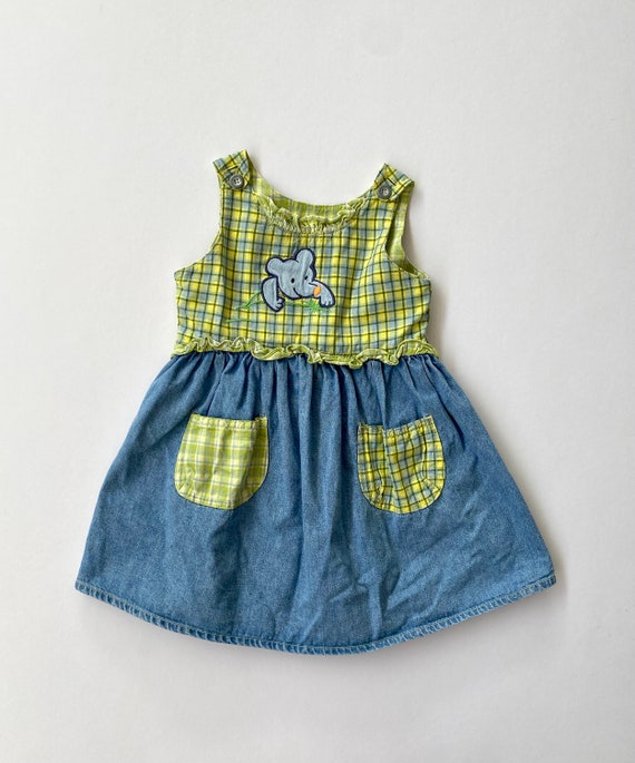 Vintage girls pinafore dress in denim and plaid w… - image 1