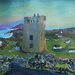 Stampa Giclée A5 di Banba's Crown – Paesaggio della torre costiera irlandese, Malin Head, Donegal, riproduzione originale di un dipinto acrilico