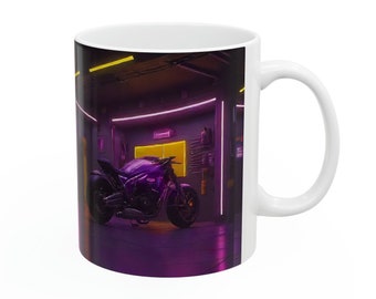 Neon retro cyberpunk motorcycle. Ceramic Mug 11oz