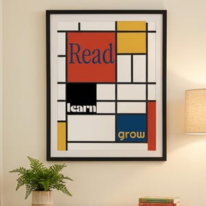 May include: A children's reading nook with a framed art print that says "Read, learn, grow." The room features a wooden bookshelf filled with books, colorful floor cushions, and a floor lamp. A small plant sits on top of the bookshelf.
