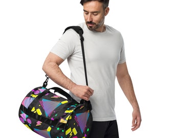 Retro 80s/90s Aesthetic Gym Bag | Colorful Black, Yellow, Teal, Purple, Pink Geometric Print Duffle Bag for Travel, Weekend, Fitness