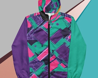 80s/90s retro aesthetic windbreaker | pink, teal, and purple geometric design color block jacket