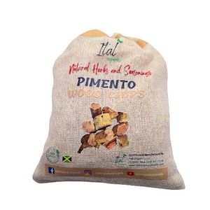 May include: A burlap bag with a printed design featuring the text "Ital Organics Natural Herbs and Seasonings Pimento Wood Chips". The bag is brown with a white design and features a Jamaican flag and social media icons.