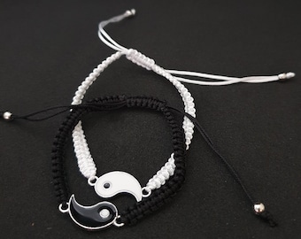Two Pieces Yin Yang Bracelet Set: Black and White Friendship, Couples Jewellery + Gift Bag