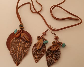 Boho Leaf Pendant Necklace & Earrings Set: Nature Inspired Jewellery + Gift Bag