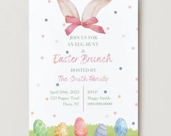 May include: An Easter brunch invitation with a watercolor illustration of bunny ears and a pink bow. The invitation includes the text "Join us for an egg hunt & Easter Brunch", "Hosted by The Smith Family", "April 20th, 2025", "123 Bunny Trail", "Flora, ST", "RSVP", "Maggy Smith", and "000.000.0000".
