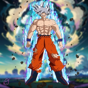 Puede incluir: Una ilustración digital de un personaje de anime musculoso con cabello blanco y ojos azules. El personaje lleva pantalones naranjas con roturas y botas azules. El personaje está rodeado de un aura azul y morada.