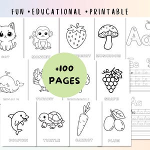 Puede incluir: Un conjunto de páginas educativas imprimibles con ilustraciones en blanco y negro de un gato, un mono, una fresa, una seta, una ballena, un pavo, uvas, un delfín, una tortuga, una zanahoria y una ciruela. El texto dice "FUN • EDUCATIONAL • PRINTABLE" y "+100 PAGES".