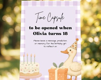 One Silly Goose First Birthday Purple Gingham Time Capsule Sign Editable Template