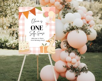 Silly Goose First Birthday Welcome Sign, Pink Gingham 1st Birthday Editable Template (Digital Download)