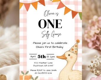5x7 One Silly Goose First Birthday Digital Invitation Template