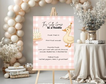 One Silly Goose First Birthday Pink Gingham Foodie Sign Editable Template
