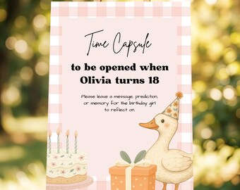 One Silly Goose First Birthday Pink Gingham Time Capsule Sign Editable Template