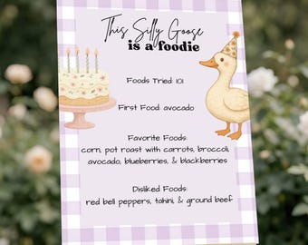 One Silly Goose First Birthday Purple Gingham Foodie Sign Editable Template