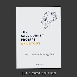 May include: A book cover with a blue illustration of two people carrying a canoe. The title is "The Midjourney Prompt Shortcut: Fast-Track to Stunning AI Art" by Remó Ari. The subtitle is "June 2024 Edition".