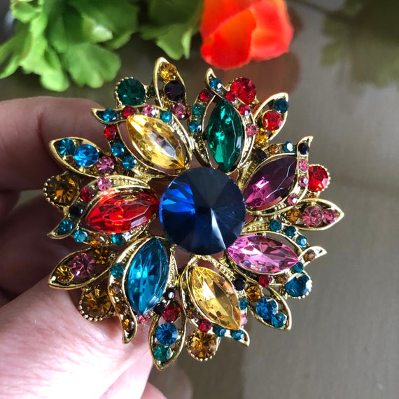 Crystal Rhinestone Round Brooch, Colorful Jewelry… - image 5