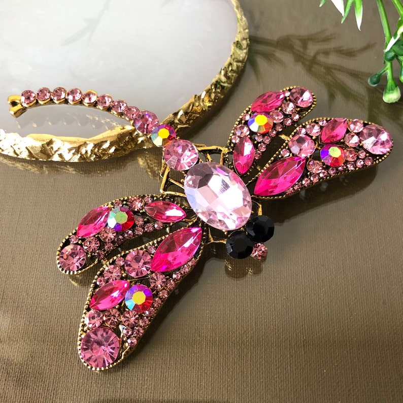 Broche de libélula grande de pedrería de cristal, alfiler de libélulas rosas, regalo de joyería de insectos imagen 6