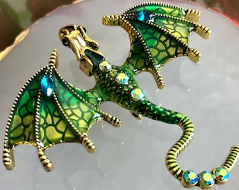 Broche dragon, broche dragon vert, broche dragon en cristal, broche dragon en strass, bijoux dragon, cadeau dragon