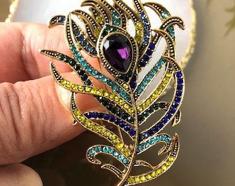 Broche de plumas de pavo real, joyería multicolor grande, broche de plumas brillantes, regalo de joyería de pavo real, broche de estilo vintage