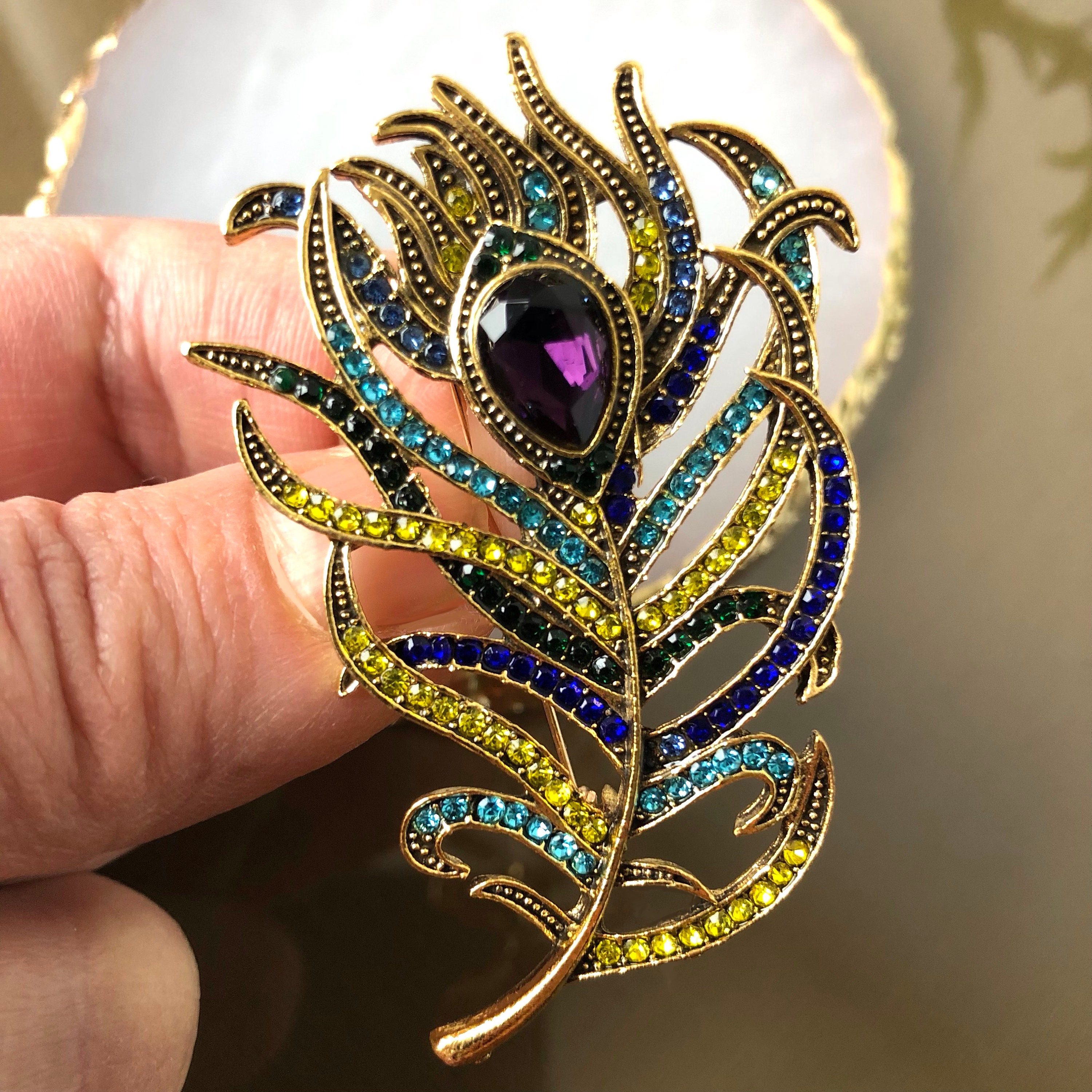 Vintage Feathered Brooch with Gem Center The legendary peacock brooch. At the 1867 World Fair in  main image 2