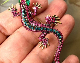 2 Broches Vintage Lézards Strass - Lot De Bijoux Fantaisie Rétro - Occasion